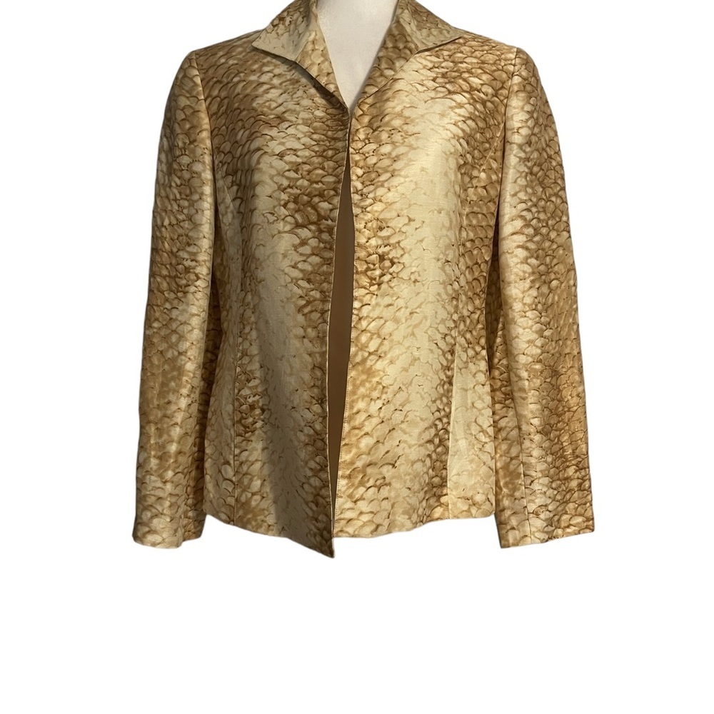 Lafayette 148 New York Gold Tan Beige Brown Silk and Linen Print Jacket